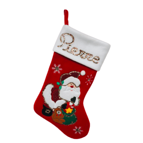 Botte de Noël Père Noël avec sa hotte et son ours - Millepaillettes