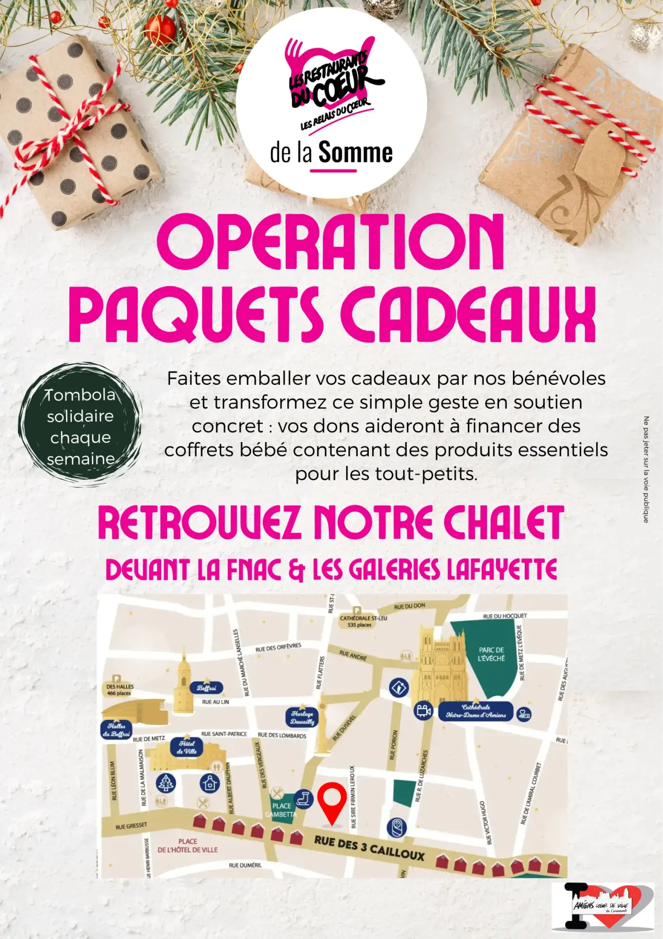 Chalet restos coeur paquets cadeaux marche noel amiens